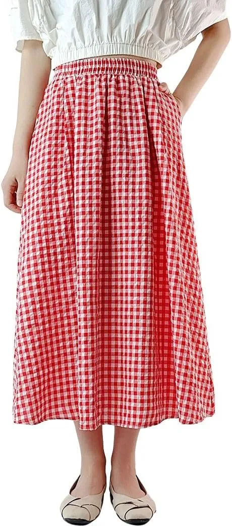 chouyatou Women's Casual Elastic Waist Plaid Skirt Gingham Swing Pleated Midi Long Skirt with Pockets