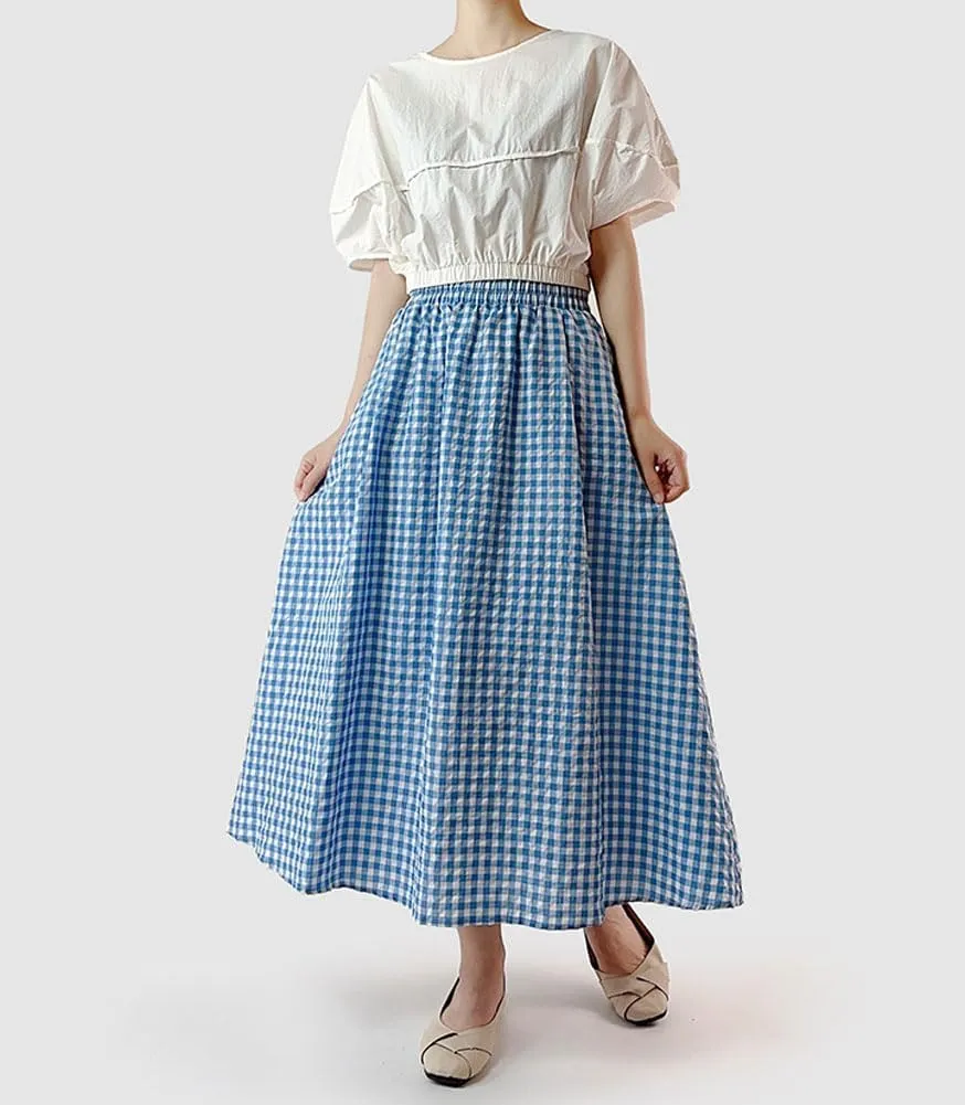 chouyatou Women's Casual Elastic Waist Plaid Skirt Gingham Swing Pleated Midi Long Skirt with Pockets