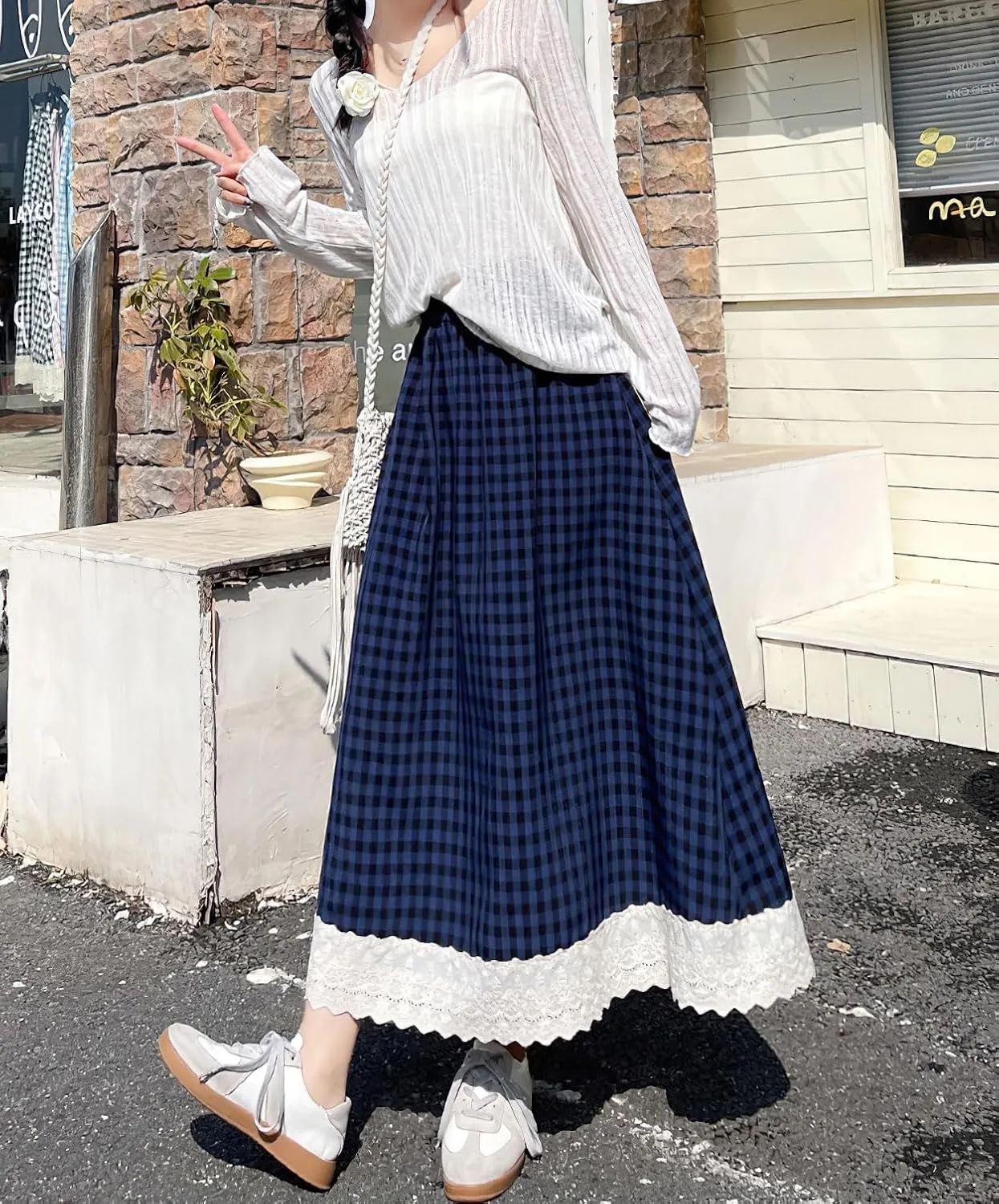 chouyatou Women's Casual Elastic Waist Plaid Skirt Lace Eyelet Ruffle Skirt Gingham Swing Midi Long Skirt