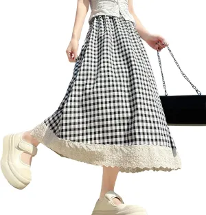 chouyatou Women's Casual Elastic Waist Plaid Skirt Lace Eyelet Ruffle Skirt Gingham Swing Midi Long Skirt
