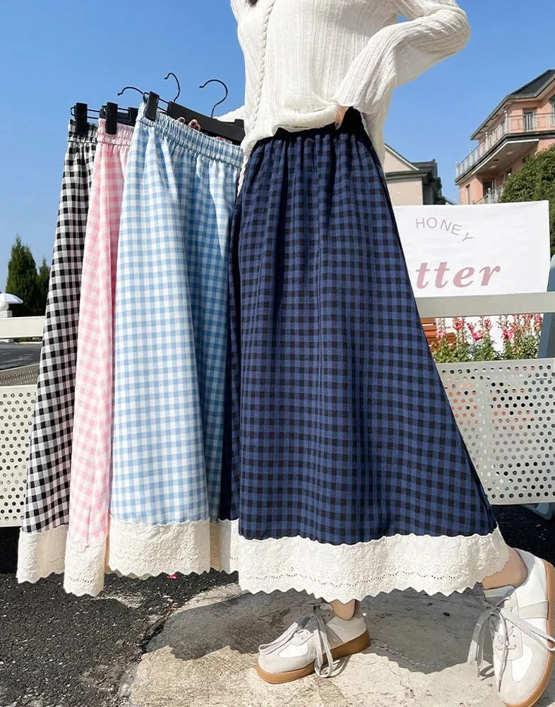 chouyatou Women's Casual Elastic Waist Plaid Skirt Lace Eyelet Ruffle Skirt Gingham Swing Midi Long Skirt