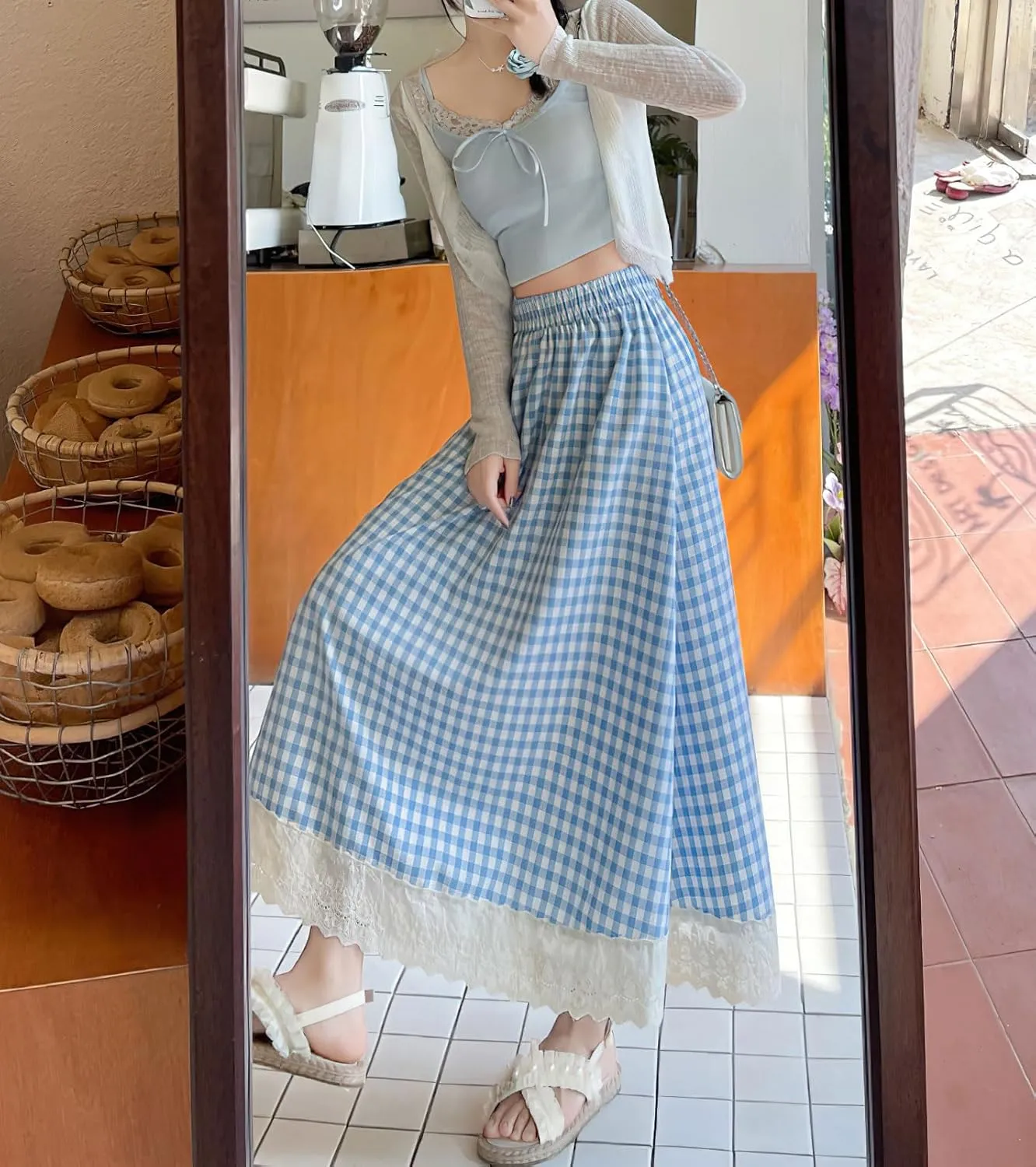 chouyatou Women's Casual Elastic Waist Plaid Skirt Lace Eyelet Ruffle Skirt Gingham Swing Midi Long Skirt