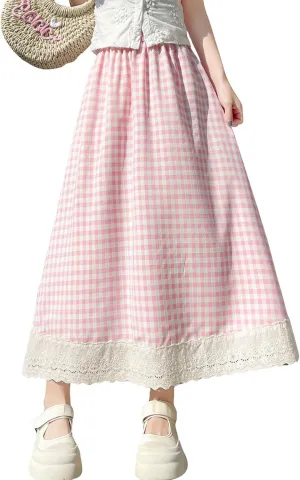 chouyatou Women's Casual Elastic Waist Plaid Skirt Lace Eyelet Ruffle Skirt Gingham Swing Midi Long Skirt