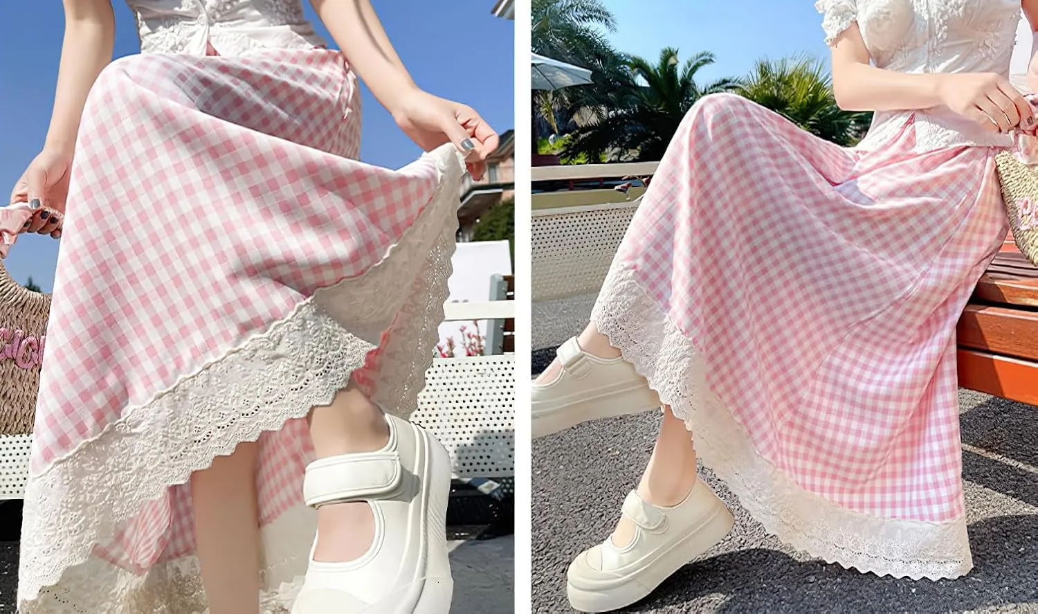 chouyatou Women's Casual Elastic Waist Plaid Skirt Lace Eyelet Ruffle Skirt Gingham Swing Midi Long Skirt
