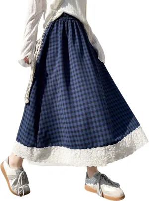 chouyatou Women's Casual Elastic Waist Plaid Skirt Lace Eyelet Ruffle Skirt Gingham Swing Midi Long Skirt