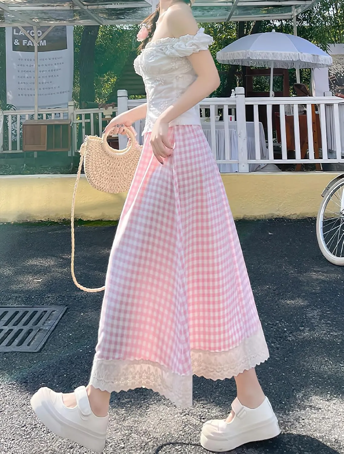 chouyatou Women's Casual Elastic Waist Plaid Skirt Lace Eyelet Ruffle Skirt Gingham Swing Midi Long Skirt