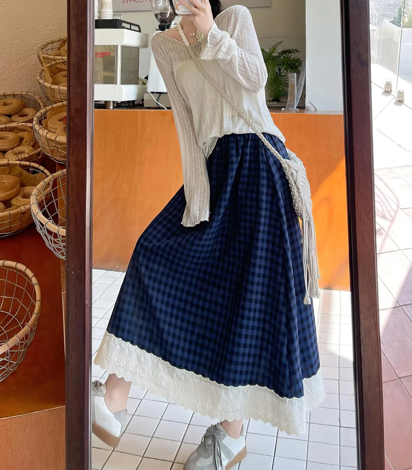 chouyatou Women's Casual Elastic Waist Plaid Skirt Lace Eyelet Ruffle Skirt Gingham Swing Midi Long Skirt