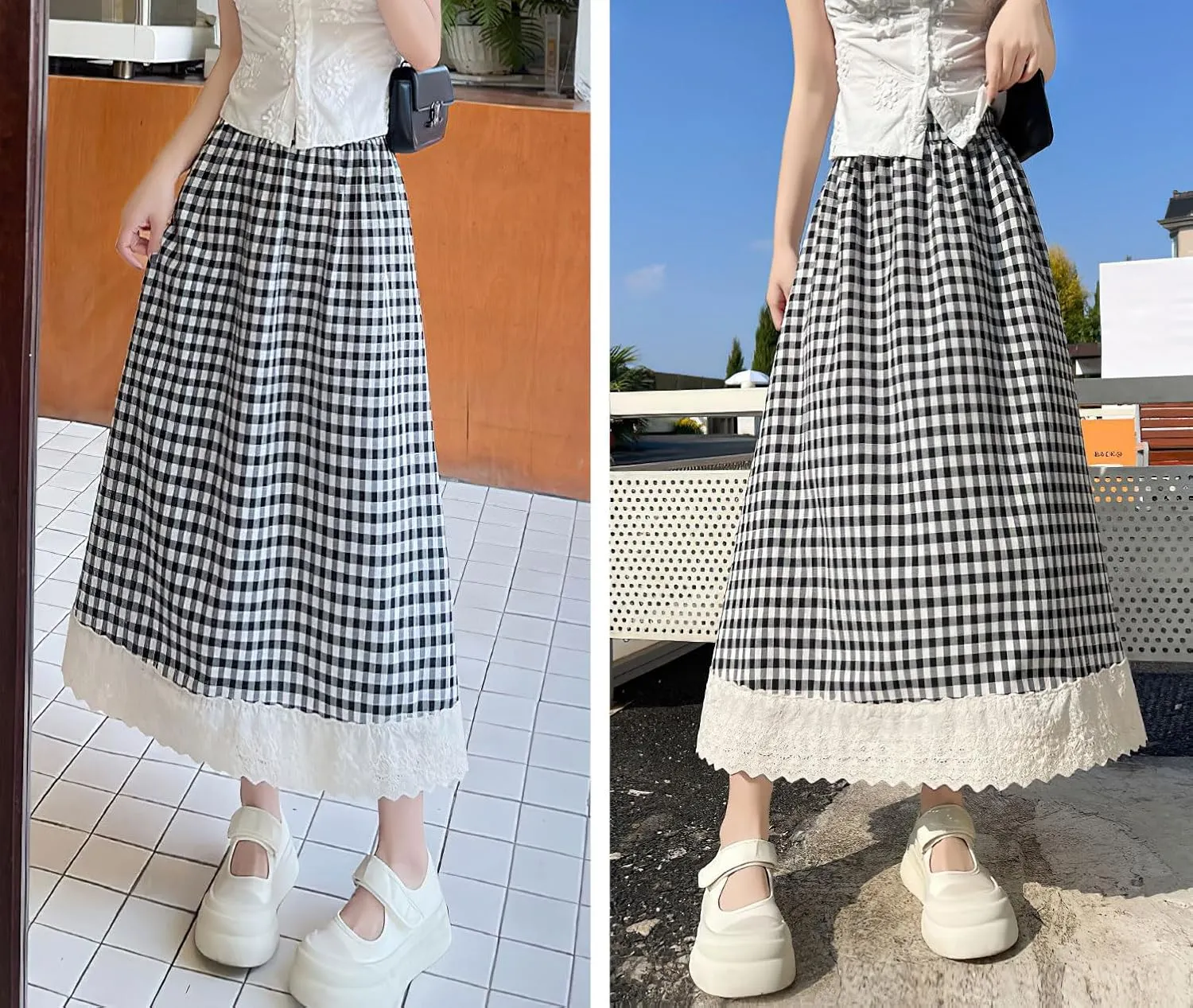 chouyatou Women's Casual Elastic Waist Plaid Skirt Lace Eyelet Ruffle Skirt Gingham Swing Midi Long Skirt