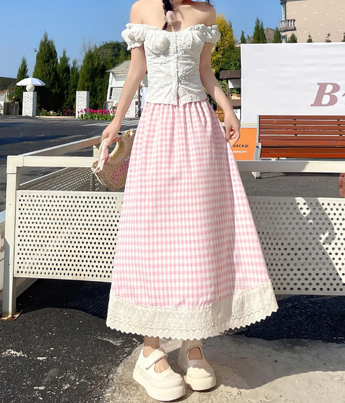 chouyatou Women's Casual Elastic Waist Plaid Skirt Lace Eyelet Ruffle Skirt Gingham Swing Midi Long Skirt