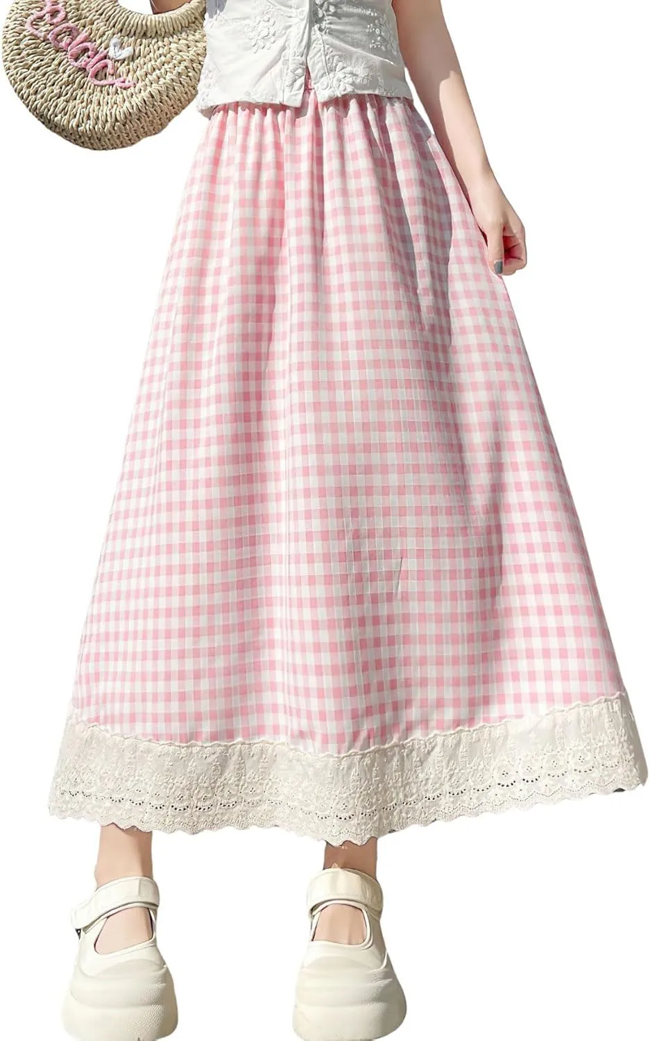 chouyatou Women's Casual Elastic Waist Plaid Skirt Lace Eyelet Ruffle Skirt Gingham Swing Midi Long Skirt