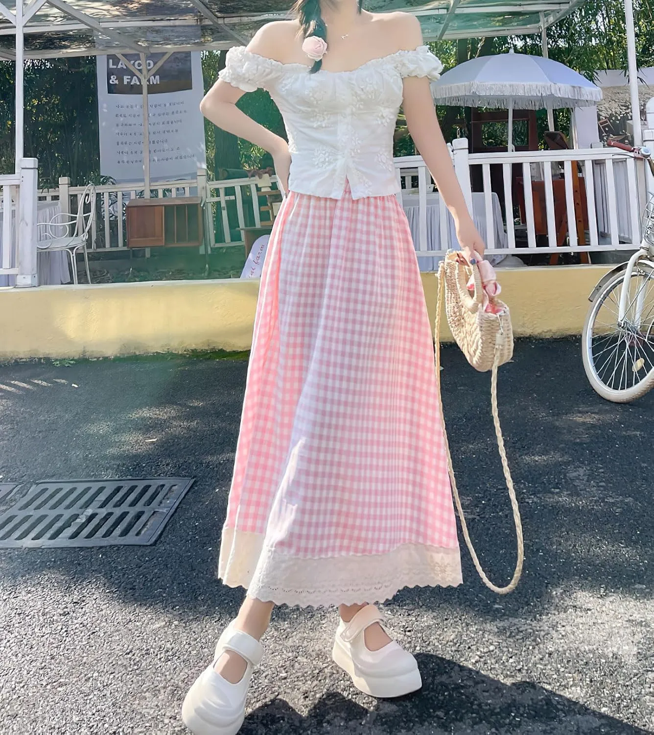 chouyatou Women's Casual Elastic Waist Plaid Skirt Lace Eyelet Ruffle Skirt Gingham Swing Midi Long Skirt