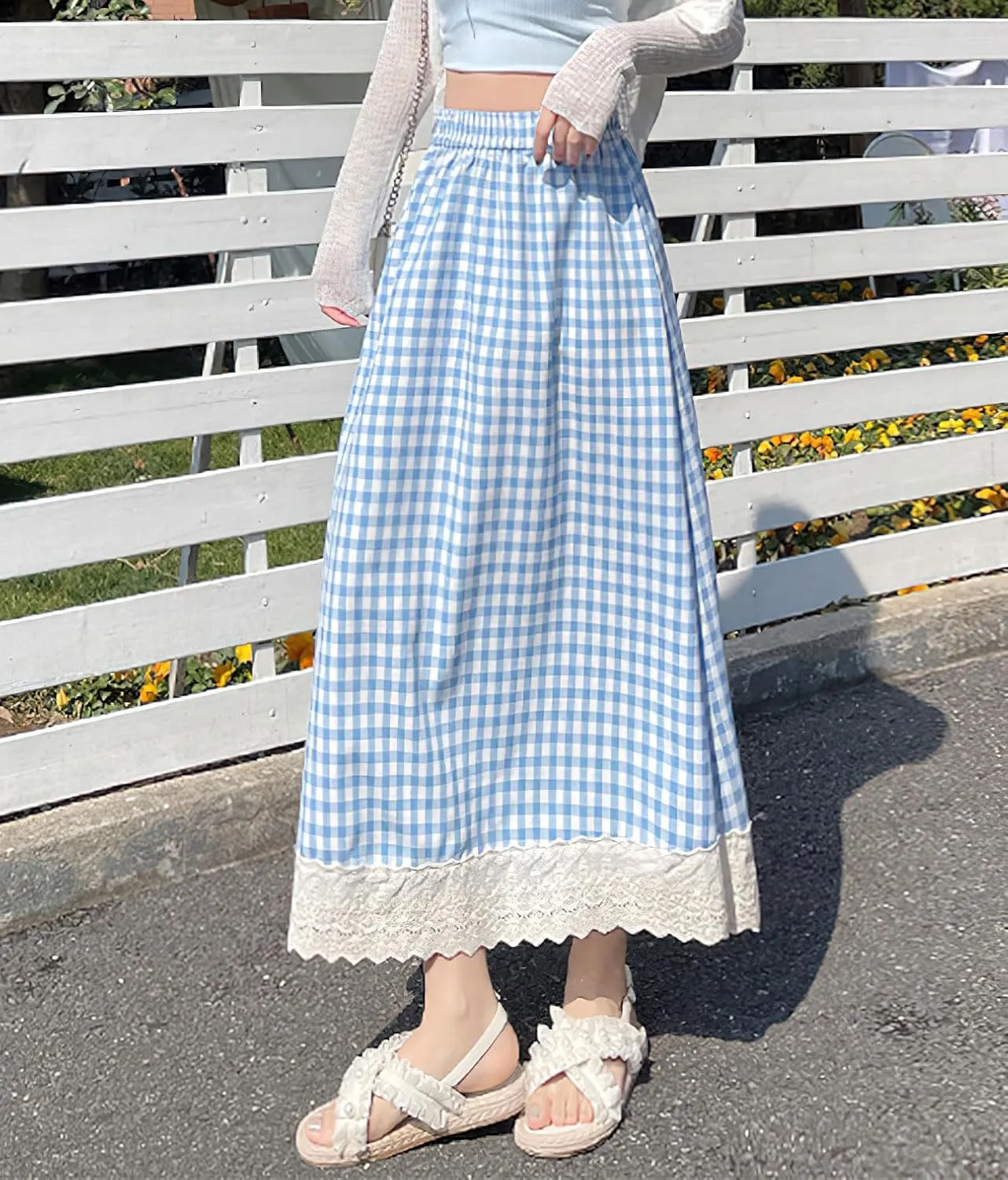 chouyatou Women's Casual Elastic Waist Plaid Skirt Lace Eyelet Ruffle Skirt Gingham Swing Midi Long Skirt