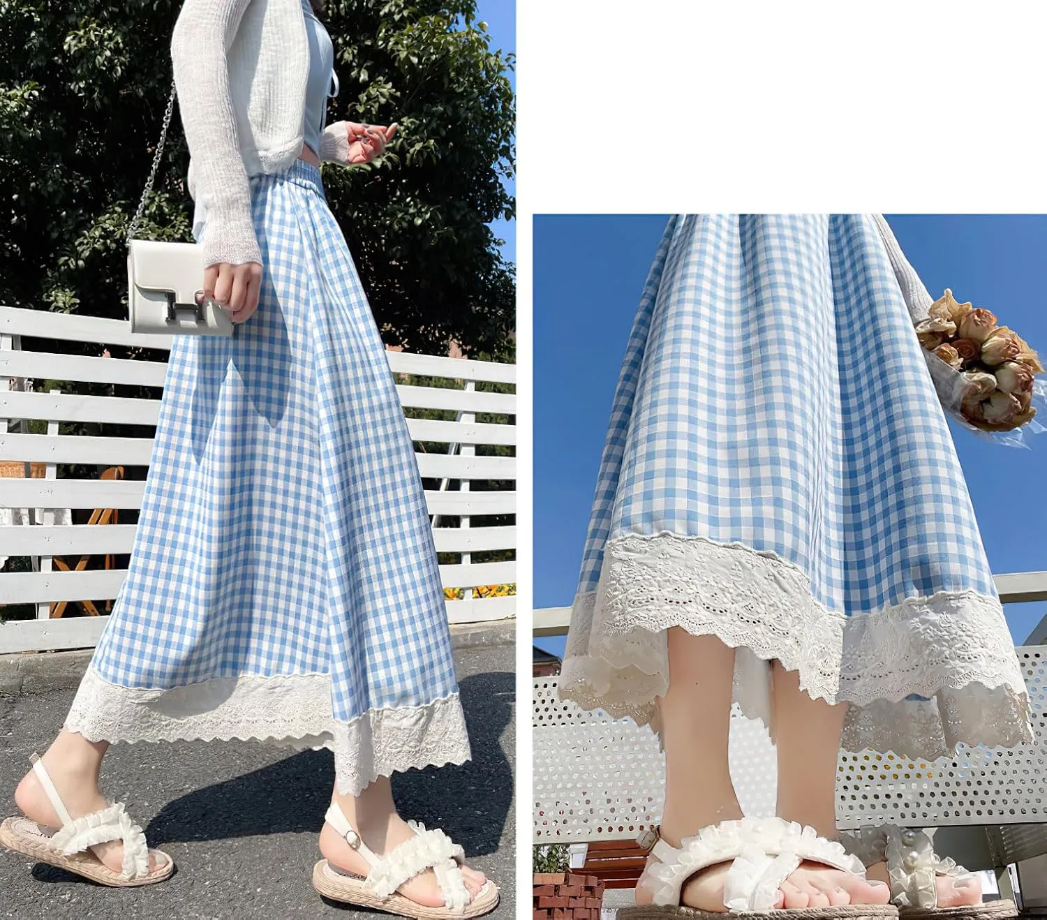 chouyatou Women's Casual Elastic Waist Plaid Skirt Lace Eyelet Ruffle Skirt Gingham Swing Midi Long Skirt