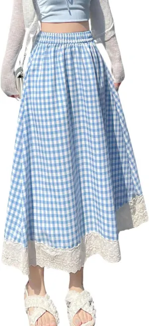 chouyatou Women's Casual Elastic Waist Plaid Skirt Lace Eyelet Ruffle Skirt Gingham Swing Midi Long Skirt