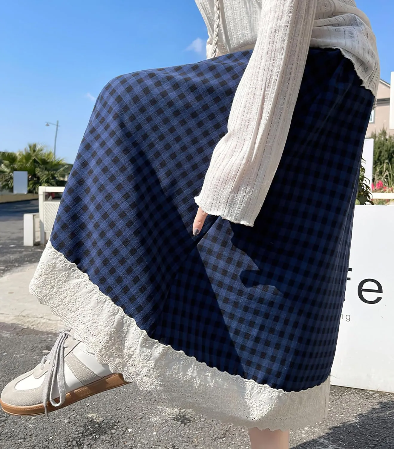 chouyatou Women's Casual Elastic Waist Plaid Skirt Lace Eyelet Ruffle Skirt Gingham Swing Midi Long Skirt