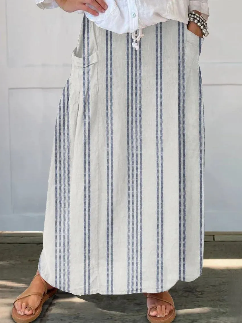 chouyatou Women's Vertical Striped High Waist Maxi Skirt Vintage Floral Cotton Linen Long Skirt with Pockets