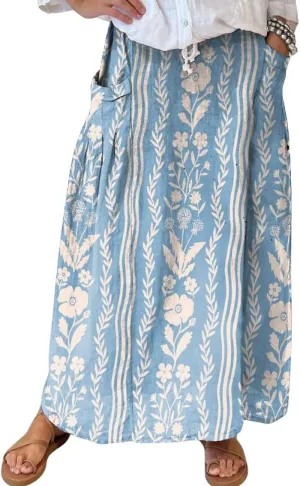 chouyatou Women's Vertical Striped High Waist Maxi Skirt Vintage Floral Cotton Linen Long Skirt with Pockets
