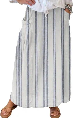 chouyatou Women's Vertical Striped High Waist Maxi Skirt Vintage Floral Cotton Linen Long Skirt with Pockets