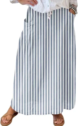 chouyatou Women's Vertical Striped High Waist Maxi Skirt Vintage Floral Cotton Linen Long Skirt with Pockets