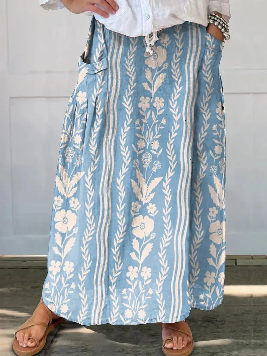 chouyatou Women's Vertical Striped High Waist Maxi Skirt Vintage Floral Cotton Linen Long Skirt with Pockets