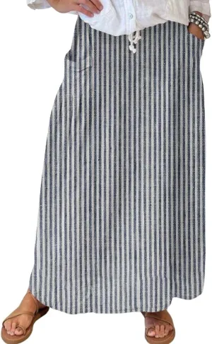 chouyatou Women's Vertical Striped High Waist Maxi Skirt Vintage Floral Cotton Linen Long Skirt with Pockets