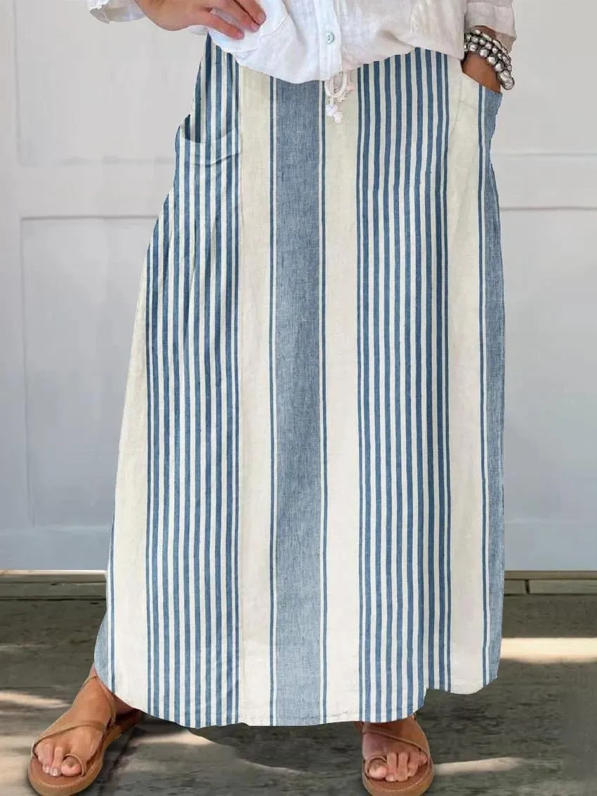 chouyatou Women's Vertical Striped High Waist Maxi Skirt Vintage Floral Cotton Linen Long Skirt with Pockets