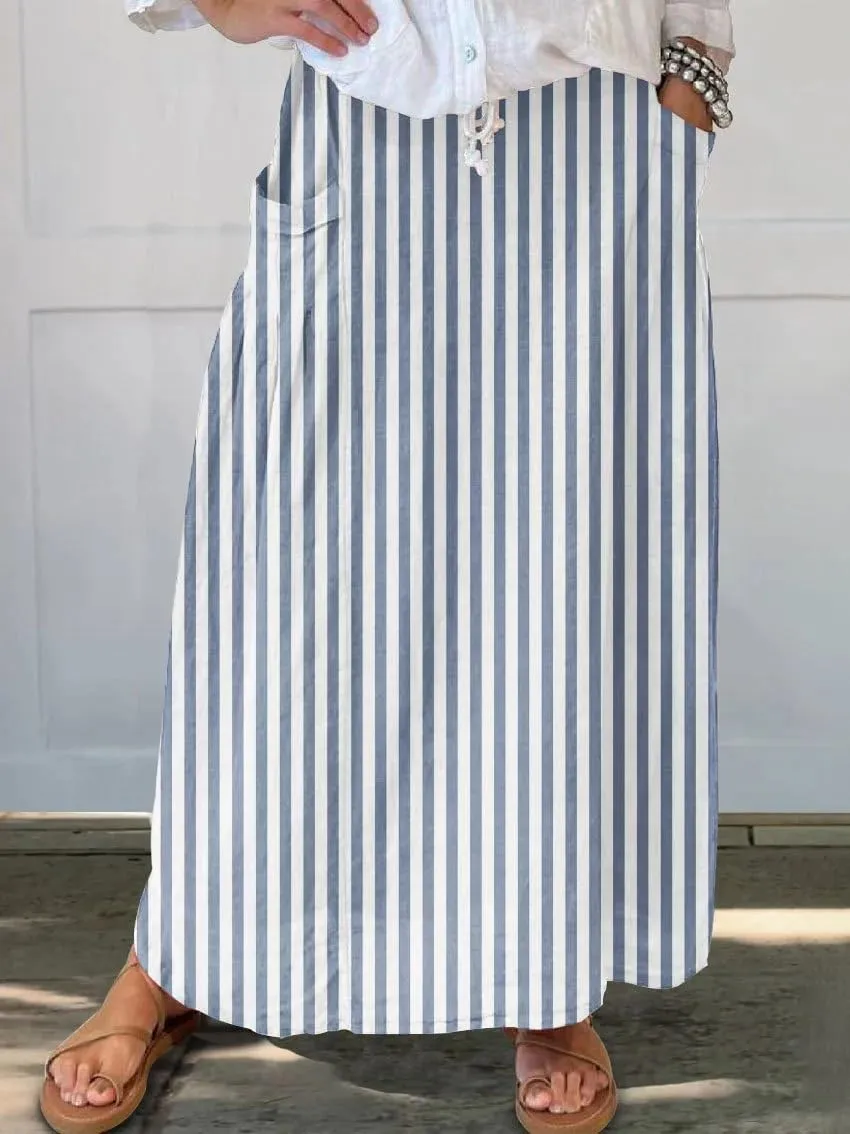 chouyatou Women's Vertical Striped High Waist Maxi Skirt Vintage Floral Cotton Linen Long Skirt with Pockets