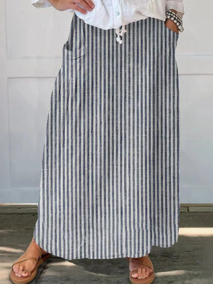 chouyatou Women's Vertical Striped High Waist Maxi Skirt Vintage Floral Cotton Linen Long Skirt with Pockets