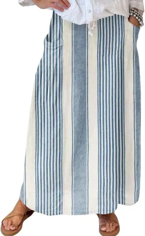 chouyatou Women's Vertical Striped High Waist Maxi Skirt Vintage Floral Cotton Linen Long Skirt with Pockets