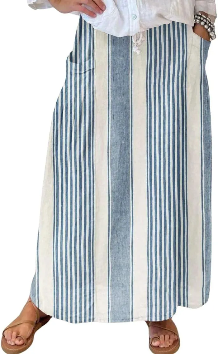 chouyatou Women's Vertical Striped High Waist Maxi Skirt Vintage Floral Cotton Linen Long Skirt with Pockets