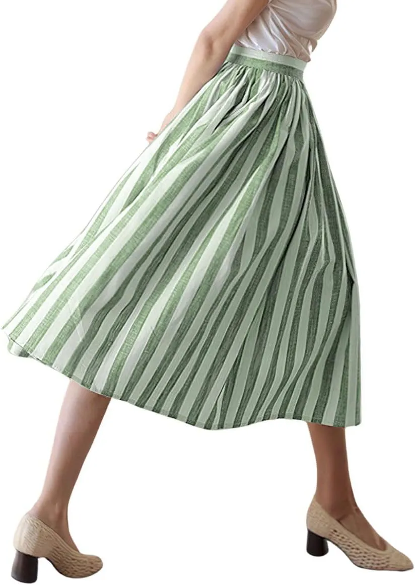 chouyatou Women's Vertical Striped Pleated A Line Skirt Casual Elastic Waist Cotton Linen Swing Midi Long Skirt
