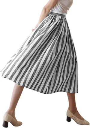 chouyatou Women's Vertical Striped Pleated A Line Skirt Casual Elastic Waist Cotton Linen Swing Midi Long Skirt