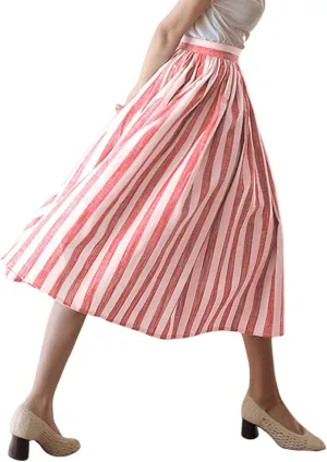 chouyatou Women's Vertical Striped Pleated A Line Skirt Casual Elastic Waist Cotton Linen Swing Midi Long Skirt