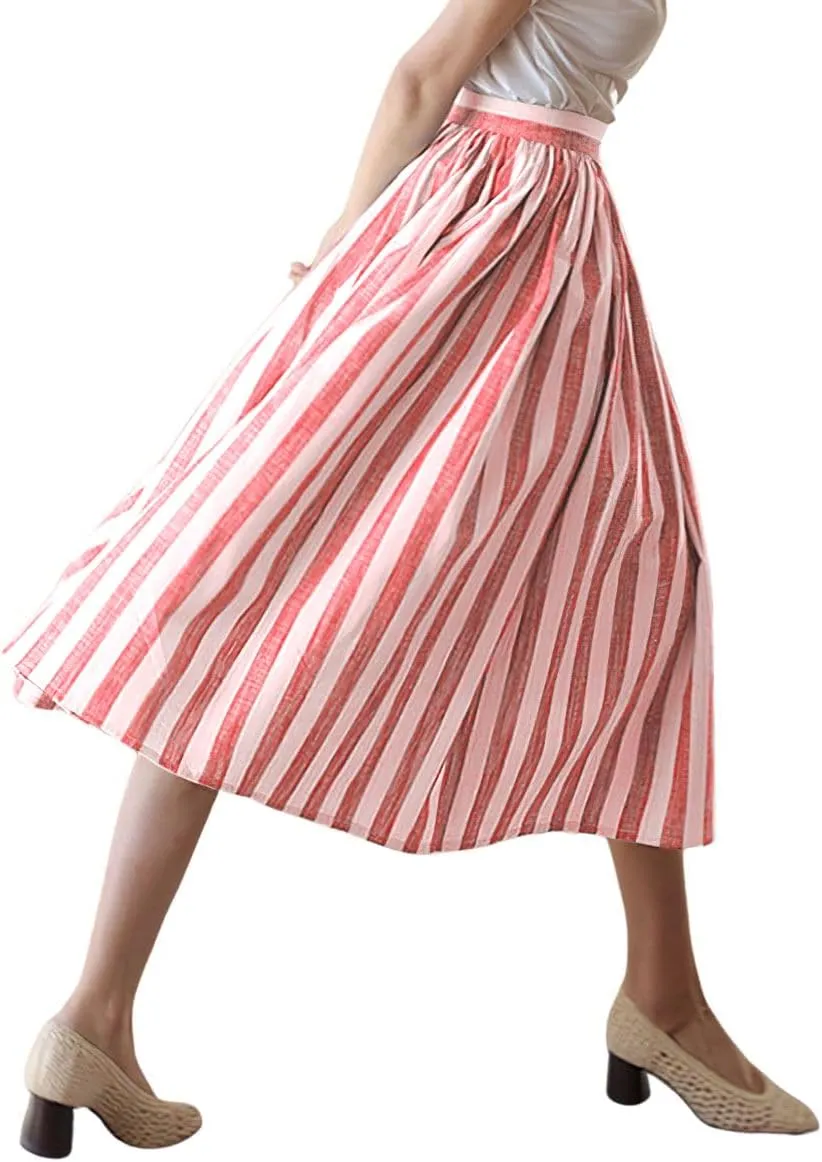 chouyatou Women's Vertical Striped Pleated A Line Skirt Casual Elastic Waist Cotton Linen Swing Midi Long Skirt