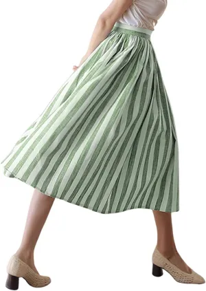 chouyatou Women's Vertical Striped Pleated A Line Skirt Casual Elastic Waist Cotton Linen Swing Midi Long Skirt