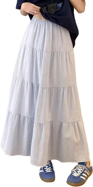 chouyatou Women's Vertical Striped Ruffle Hem Skirt Casual Elastic Waist Pleated Swing Midi Long Skirt