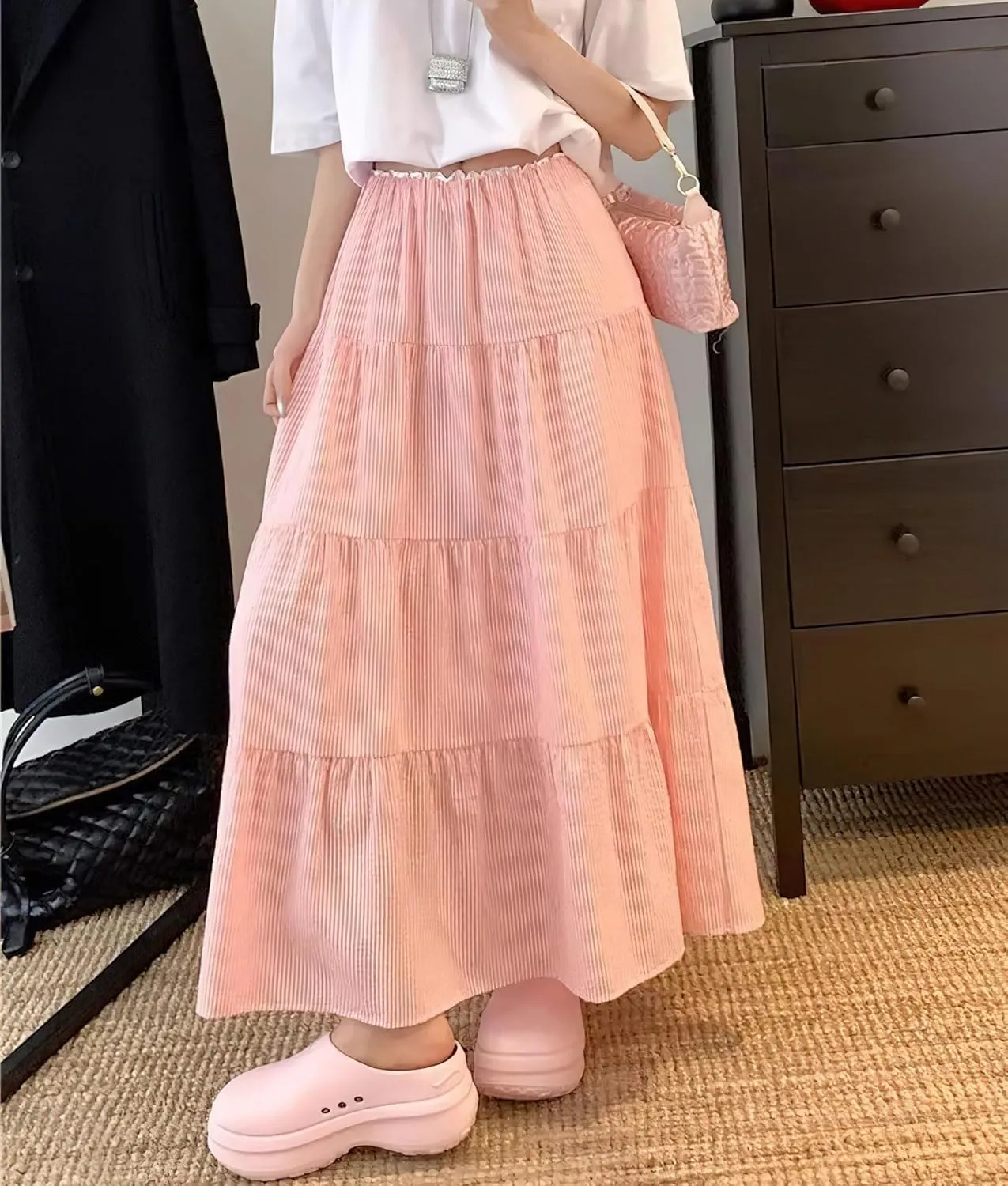chouyatou Women's Vertical Striped Ruffle Hem Skirt Casual Elastic Waist Pleated Swing Midi Long Skirt