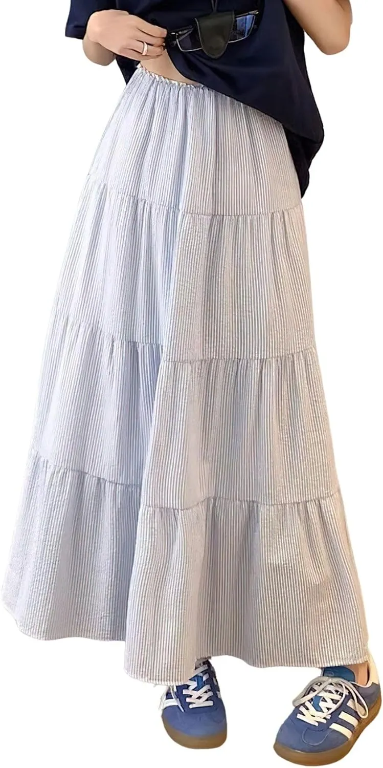 chouyatou Women's Vertical Striped Ruffle Hem Skirt Casual Elastic Waist Pleated Swing Midi Long Skirt