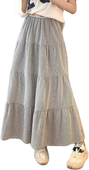 chouyatou Women's Vertical Striped Ruffle Hem Skirt Casual Elastic Waist Pleated Swing Midi Long Skirt