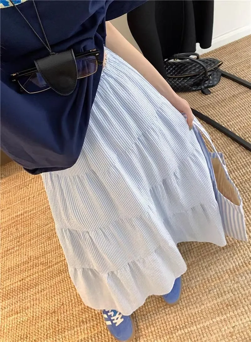 chouyatou Women's Vertical Striped Ruffle Hem Skirt Casual Elastic Waist Pleated Swing Midi Long Skirt