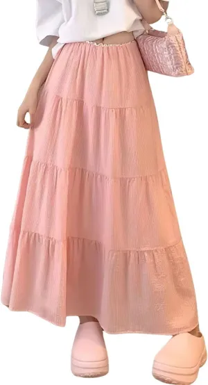 chouyatou Women's Vertical Striped Ruffle Hem Skirt Casual Elastic Waist Pleated Swing Midi Long Skirt