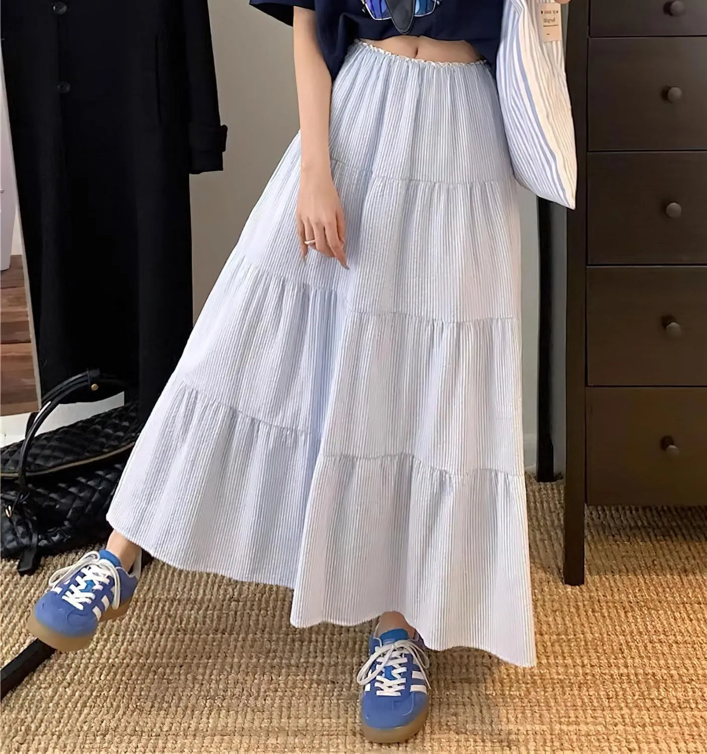 chouyatou Women's Vertical Striped Ruffle Hem Skirt Casual Elastic Waist Pleated Swing Midi Long Skirt