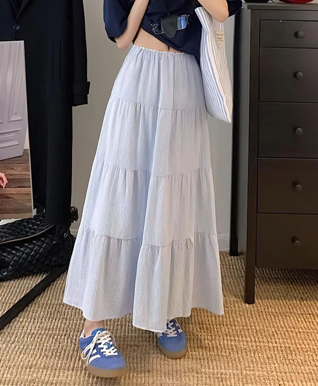chouyatou Women's Vertical Striped Ruffle Hem Skirt Casual Elastic Waist Pleated Swing Midi Long Skirt