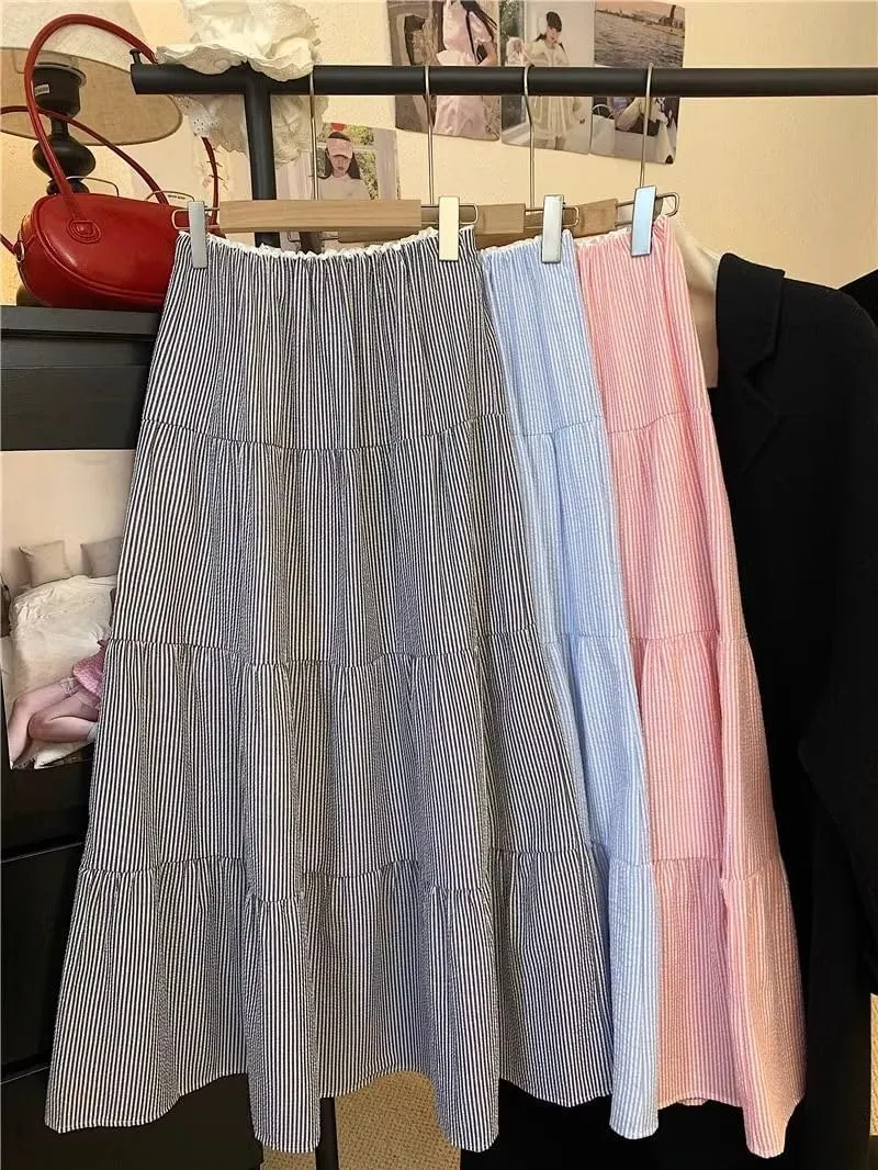 chouyatou Women's Vertical Striped Ruffle Hem Skirt Casual Elastic Waist Pleated Swing Midi Long Skirt