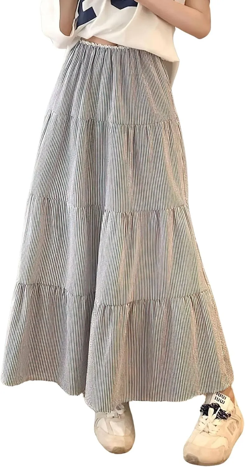 chouyatou Women's Vertical Striped Ruffle Hem Skirt Casual Elastic Waist Pleated Swing Midi Long Skirt