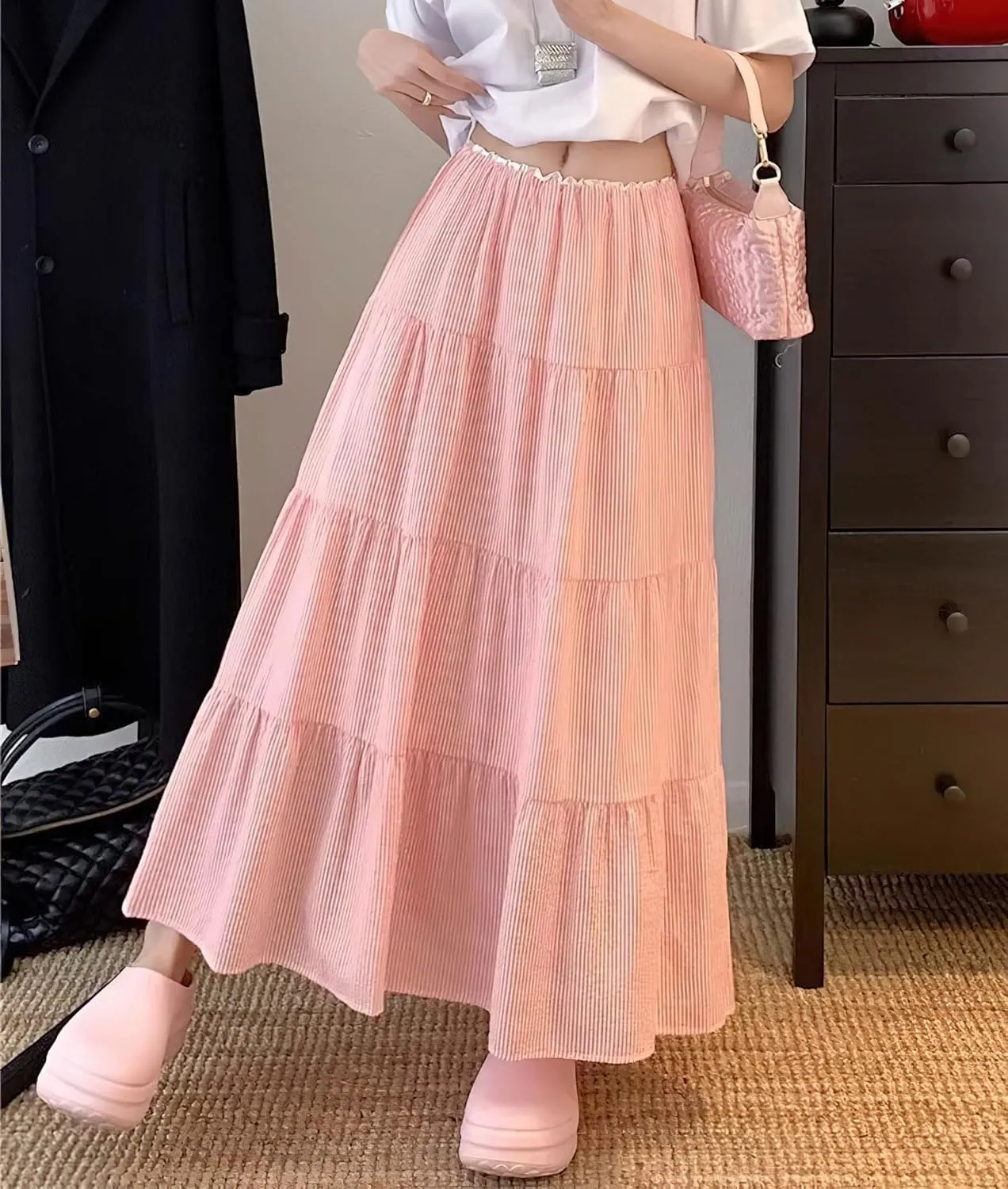 chouyatou Women's Vertical Striped Ruffle Hem Skirt Casual Elastic Waist Pleated Swing Midi Long Skirt