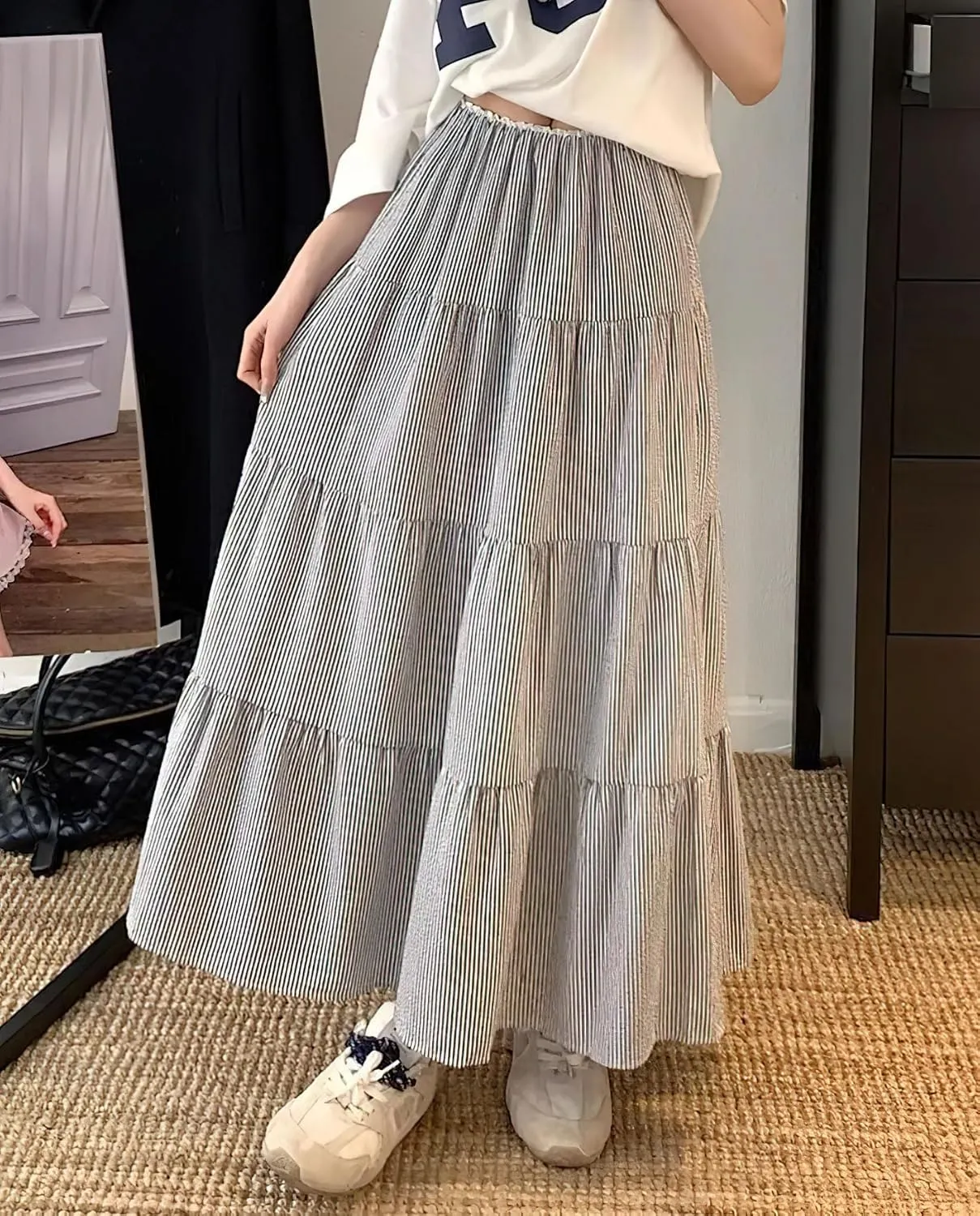 chouyatou Women's Vertical Striped Ruffle Hem Skirt Casual Elastic Waist Pleated Swing Midi Long Skirt