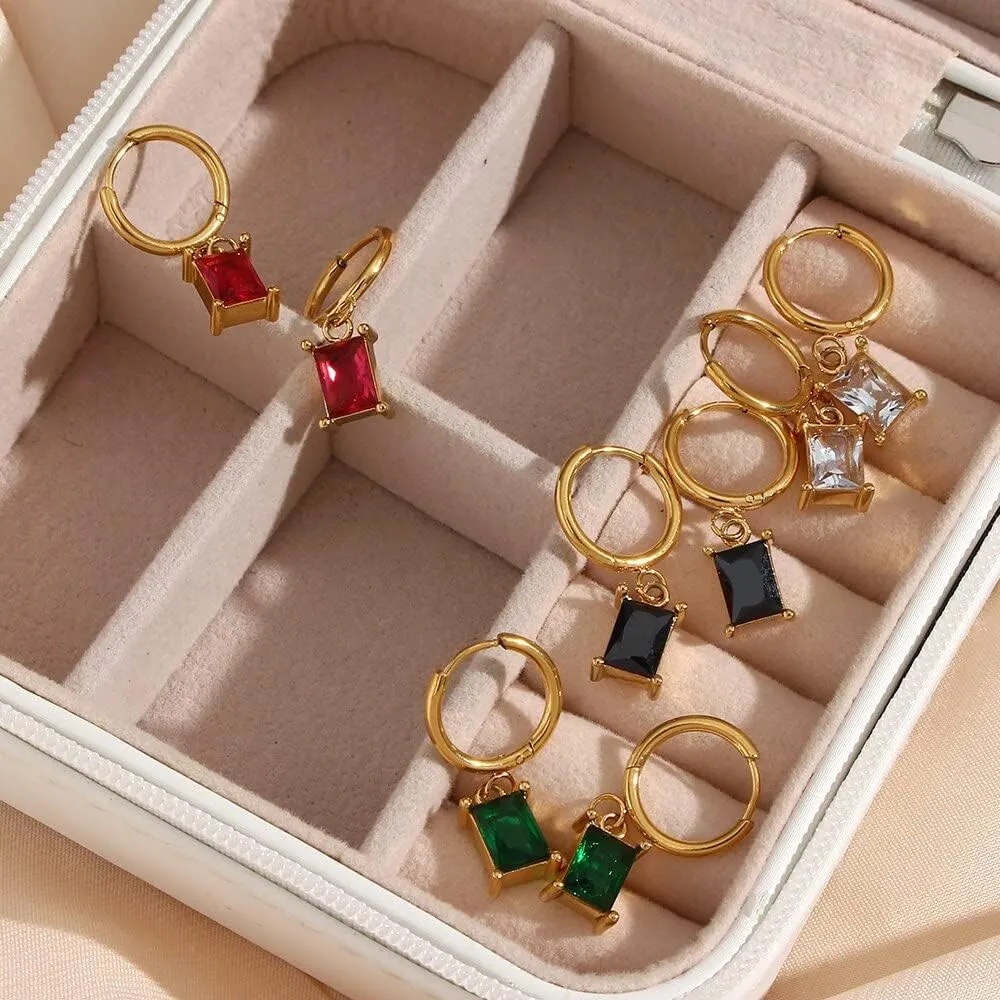 Christmas Jewelry Minimalist Small Rectangle Zircon Stone Charm Hoop Earrings For Women Stainless Steel Colorful Earring