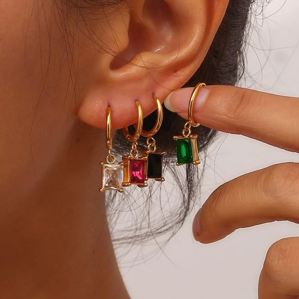 Christmas Jewelry Minimalist Small Rectangle Zircon Stone Charm Hoop Earrings For Women Stainless Steel Colorful Earring