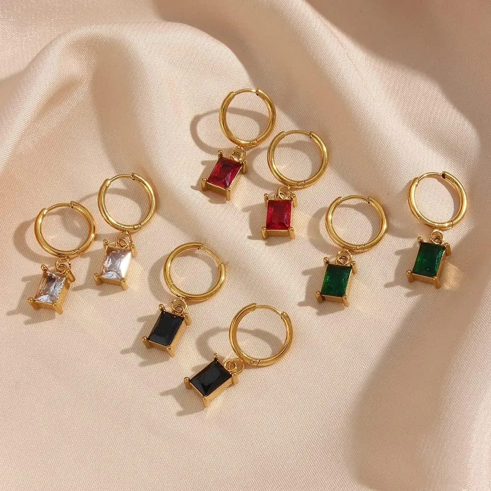 Christmas Jewelry Minimalist Small Rectangle Zircon Stone Charm Hoop Earrings For Women Stainless Steel Colorful Earring